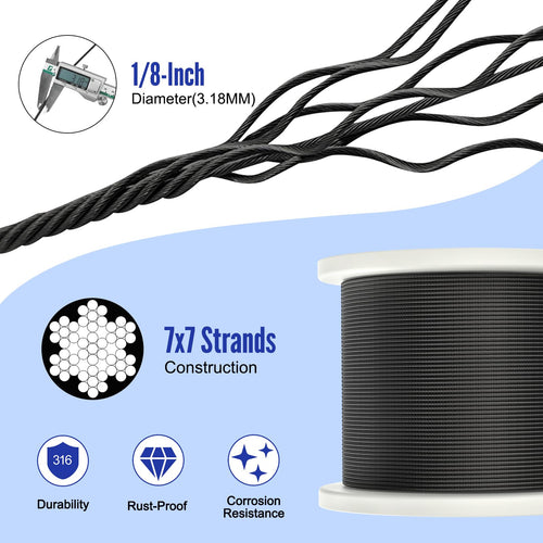 1000FT 1/8" Black Stainless Steel Cable with Cutter J654