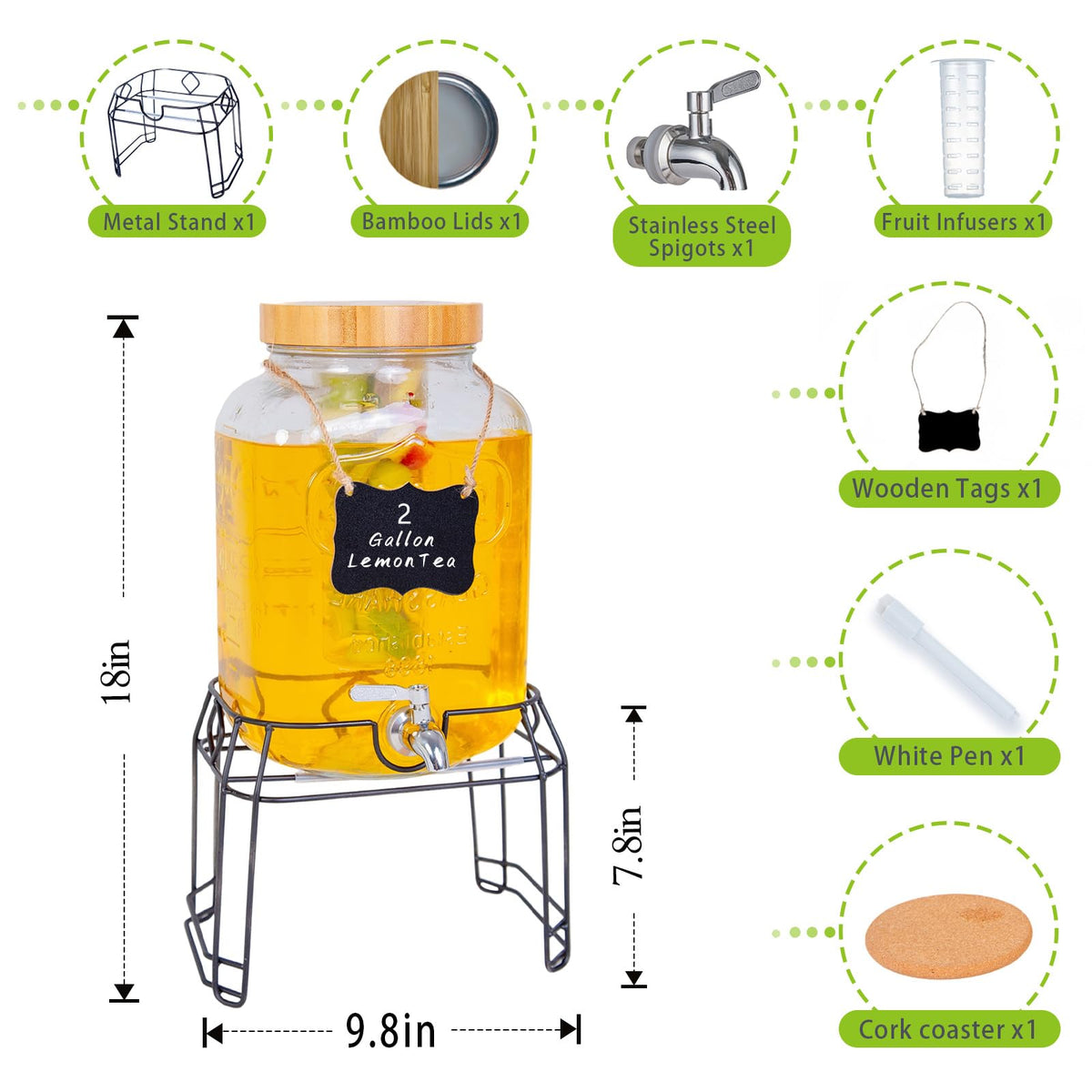 2 Gallon Glass Drink Dispenser with Stand Q9852