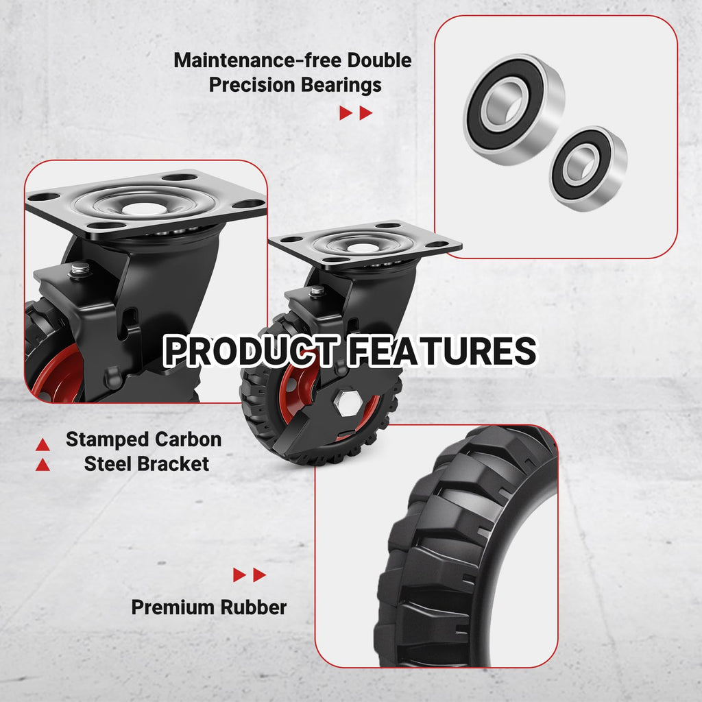 5 Inch Heavy Duty Rubber Casters Set of 4 with Brake N7295