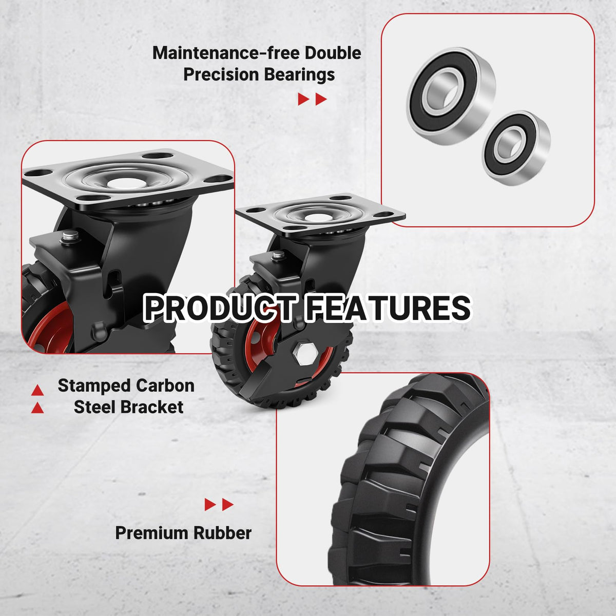5 Inch Heavy Duty Rubber Casters Set of 4 with Brake N7295
