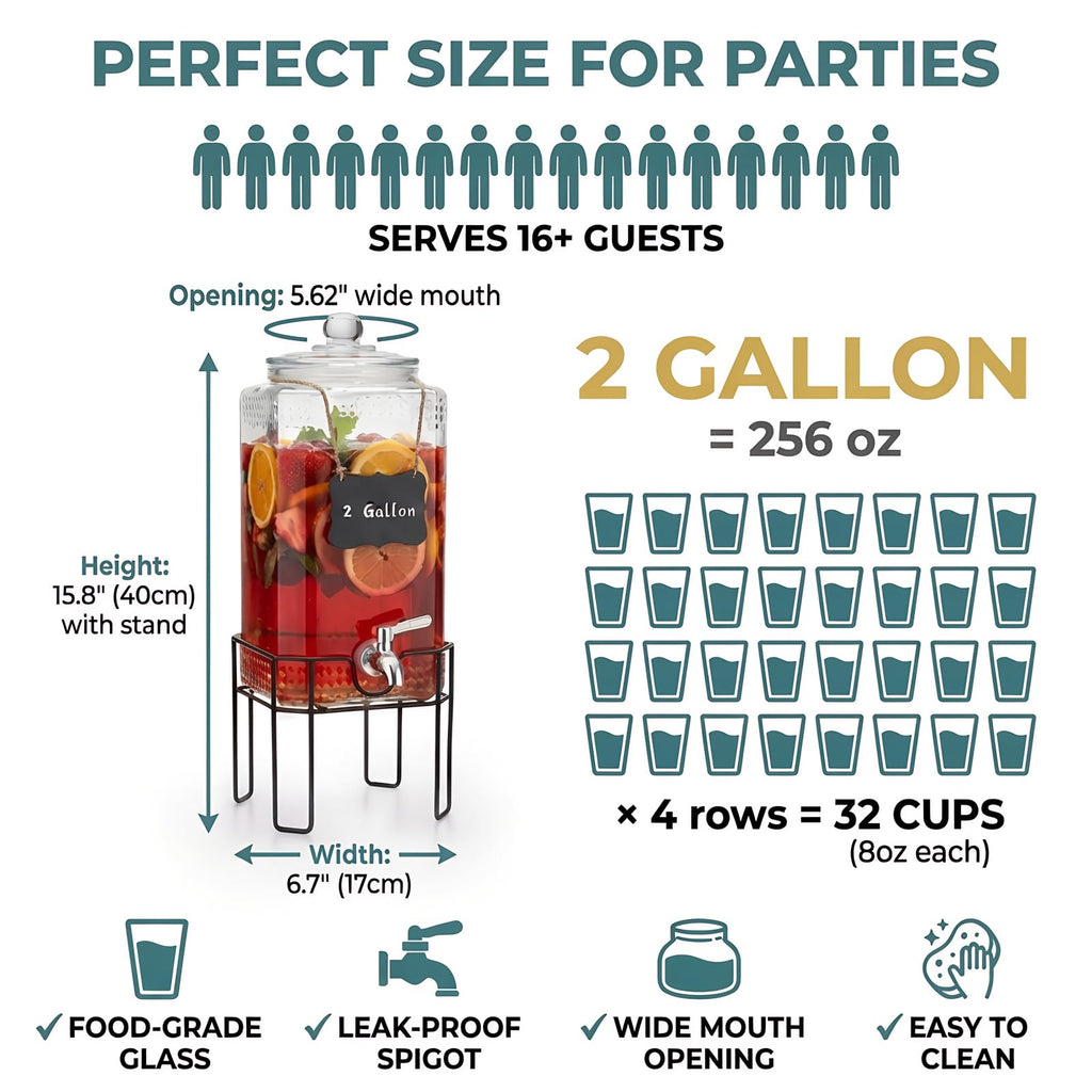 2 Gallon Glass Drink Dispenser with Stand and Glass Lid S9765