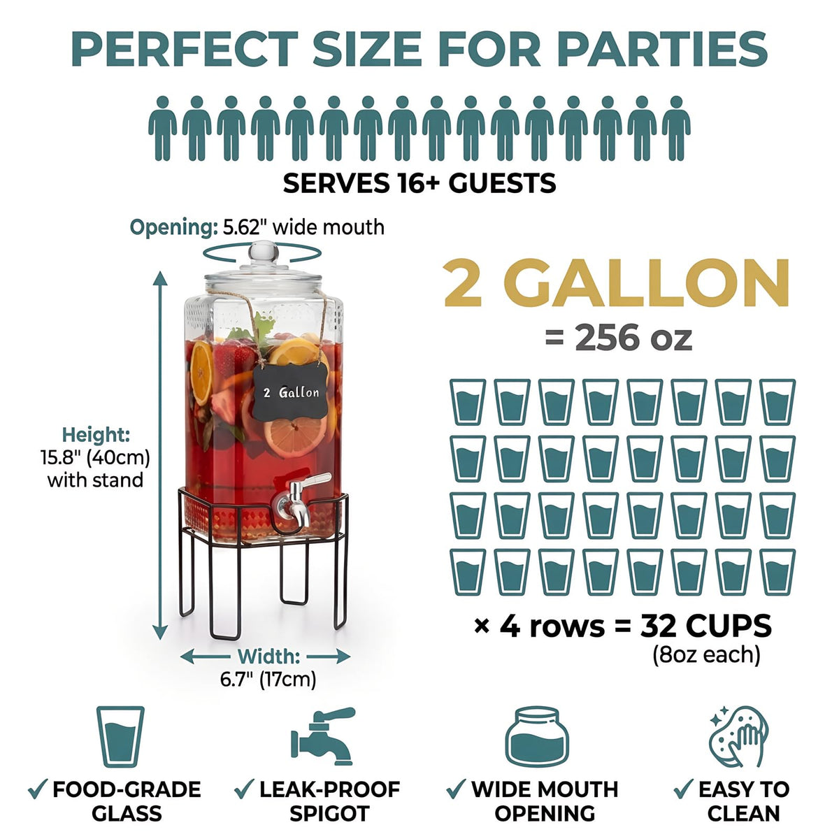 2 Gallon Glass Drink Dispenser with Stand and Glass Lid S9765