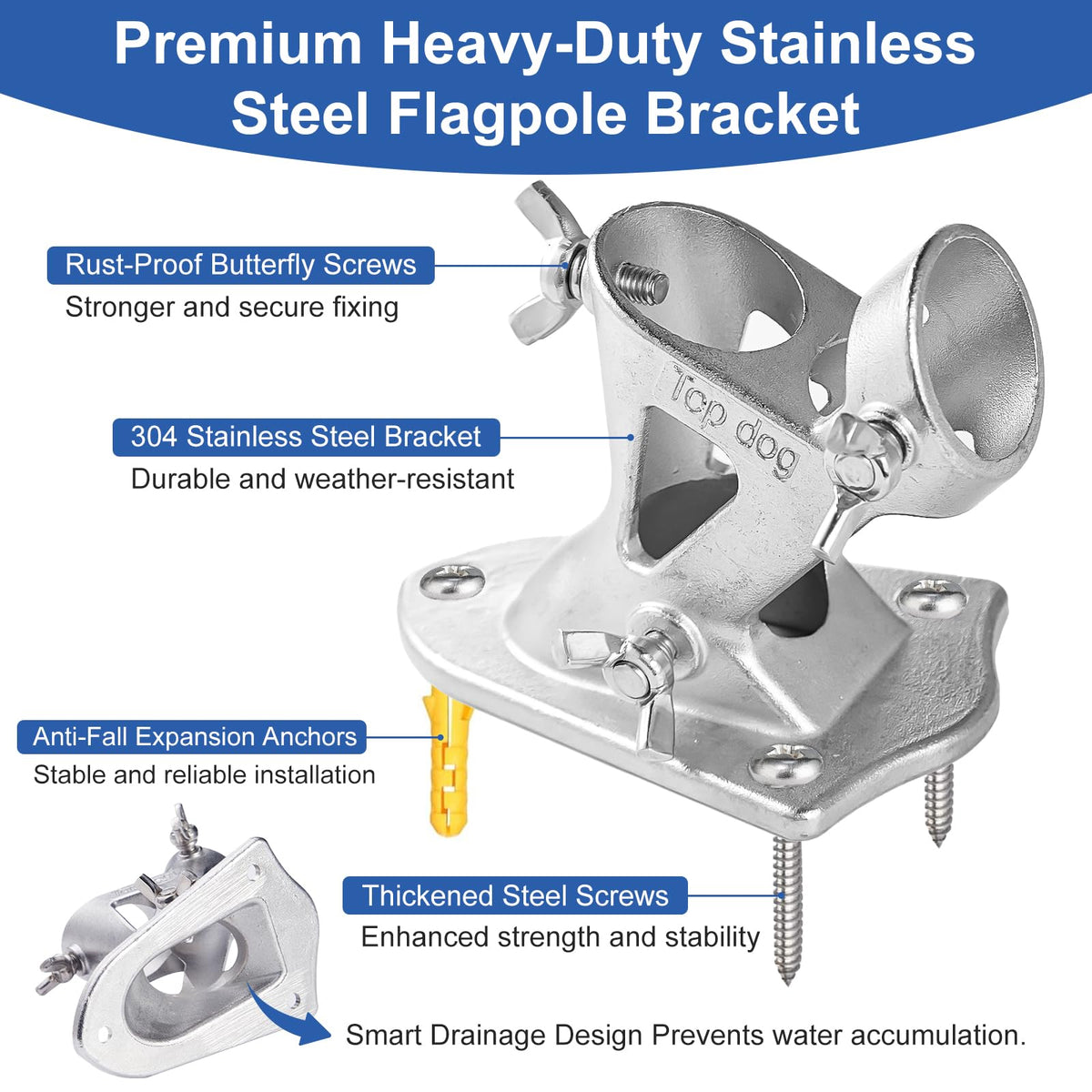 304 Stainless Steel Adjustable Wall Mount Flag Pole Holder Bracket E75310