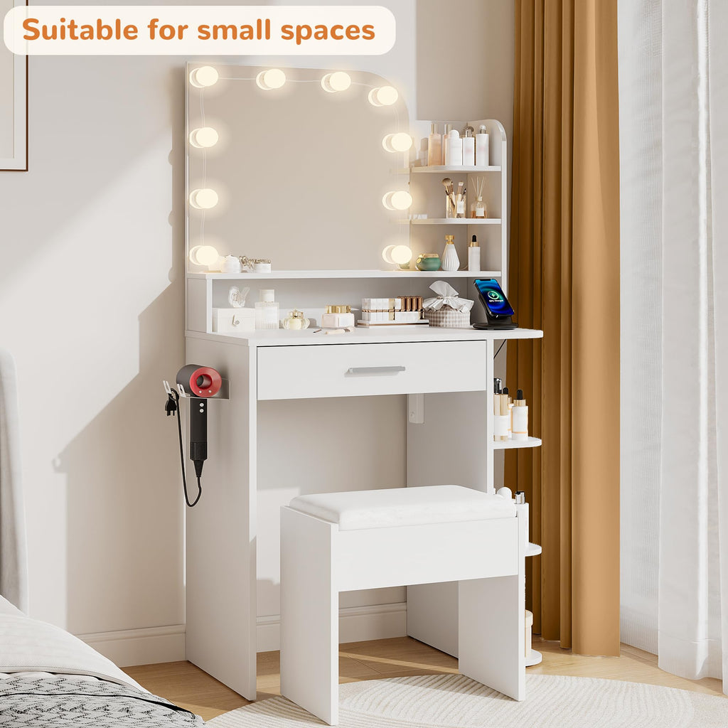 White Small Vanity Set with Chair, Mirror & Lights M76110