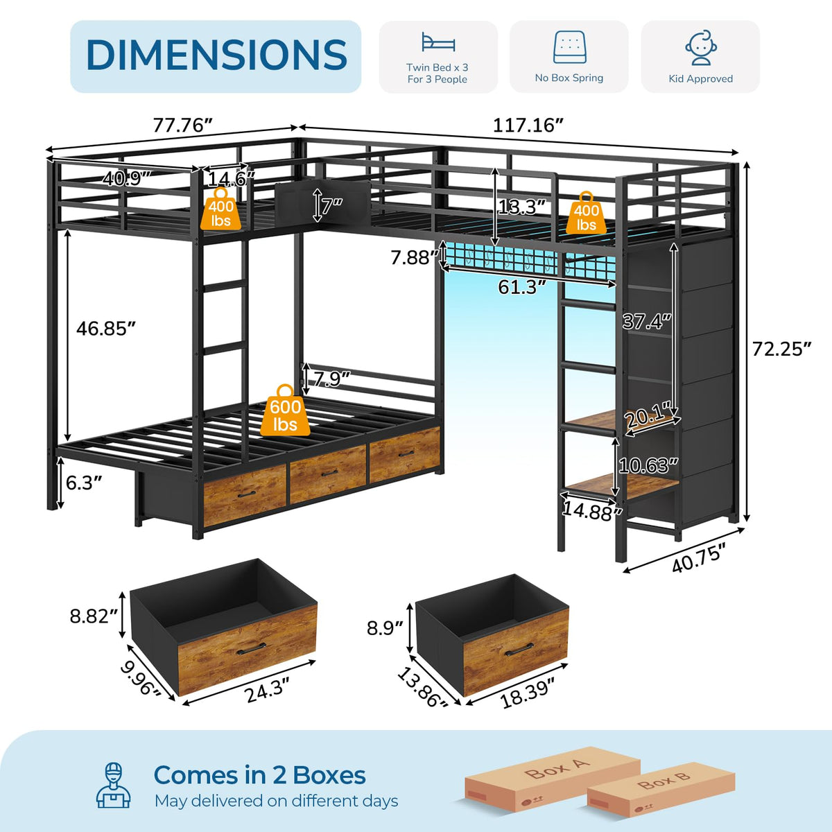 Black Twin Over Twin Triple Bunk Bed with 9 Storage Drawers and LED Lights C9382