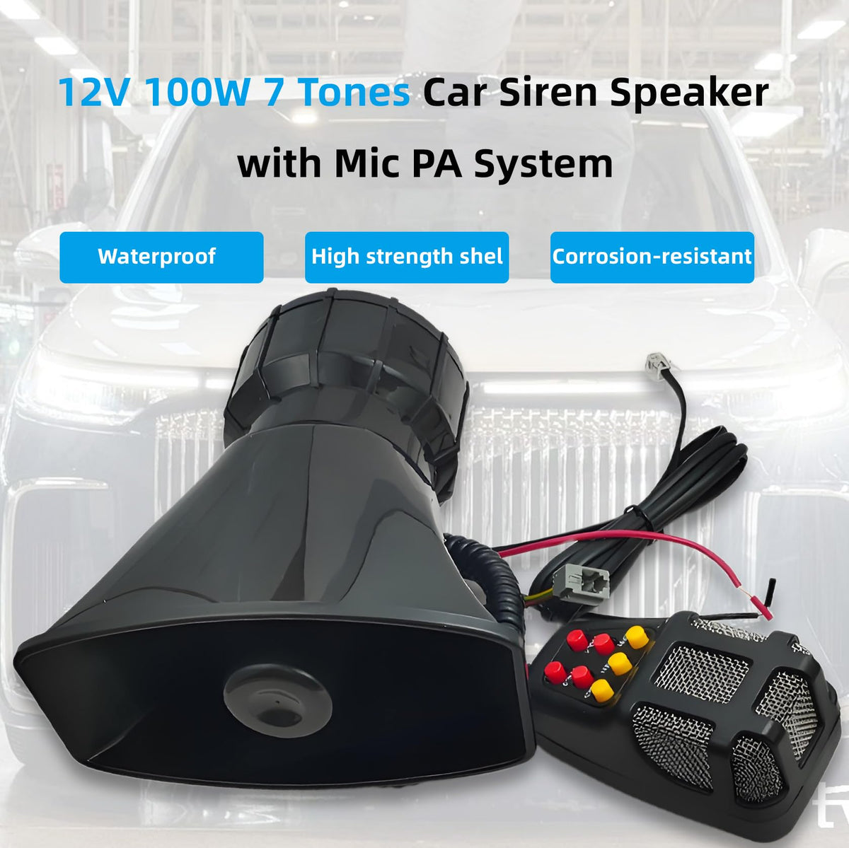 12V 100W 7 Tone Car Siren Horn Speaker with Microphone W3820