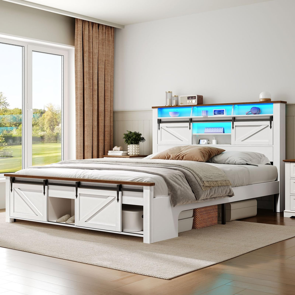 White and Walnut Full Size Storage Bed Frame N185