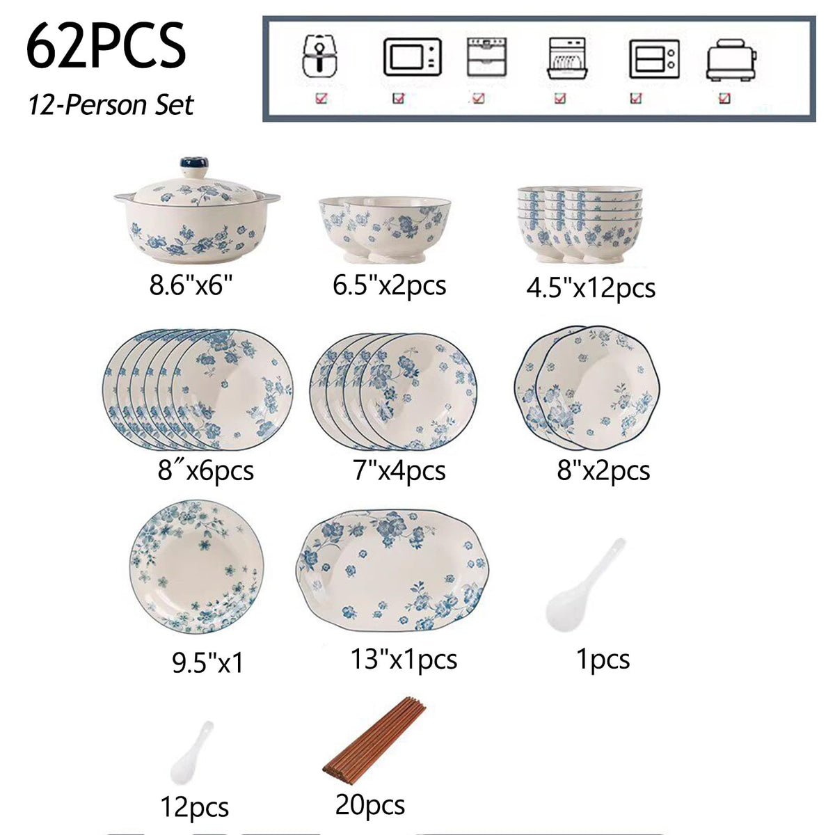 Blue Floral 62PCS Ceramic Dinnerware Set P940894