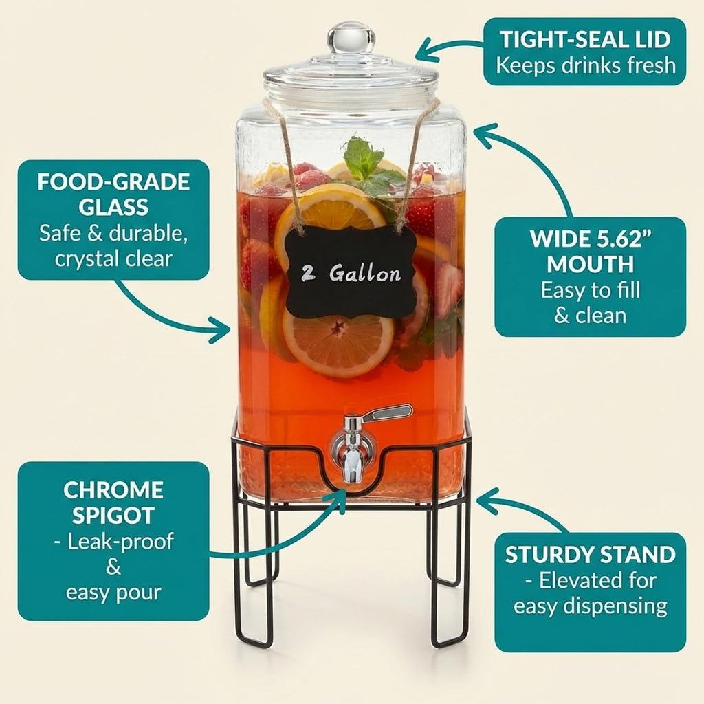 2 Gallon Glass Drink Dispenser with Stand and Glass Lid S9765