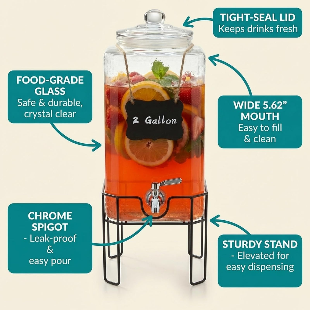 2 Gallon Glass Drink Dispenser with Stand and Glass Lid S9765