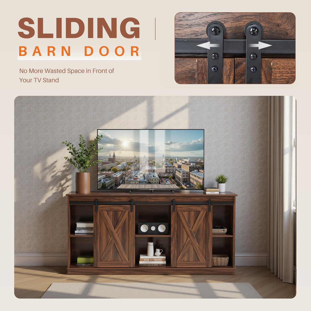 65 Inch Brown Wood TV Stand with Storage Shelves and Sliding Barn Door G303708