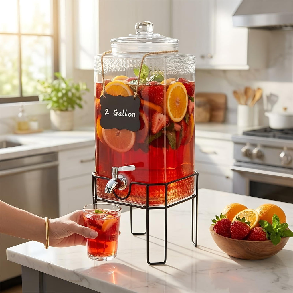 2 Gallon Glass Drink Dispenser with Stand and Glass Lid S9765