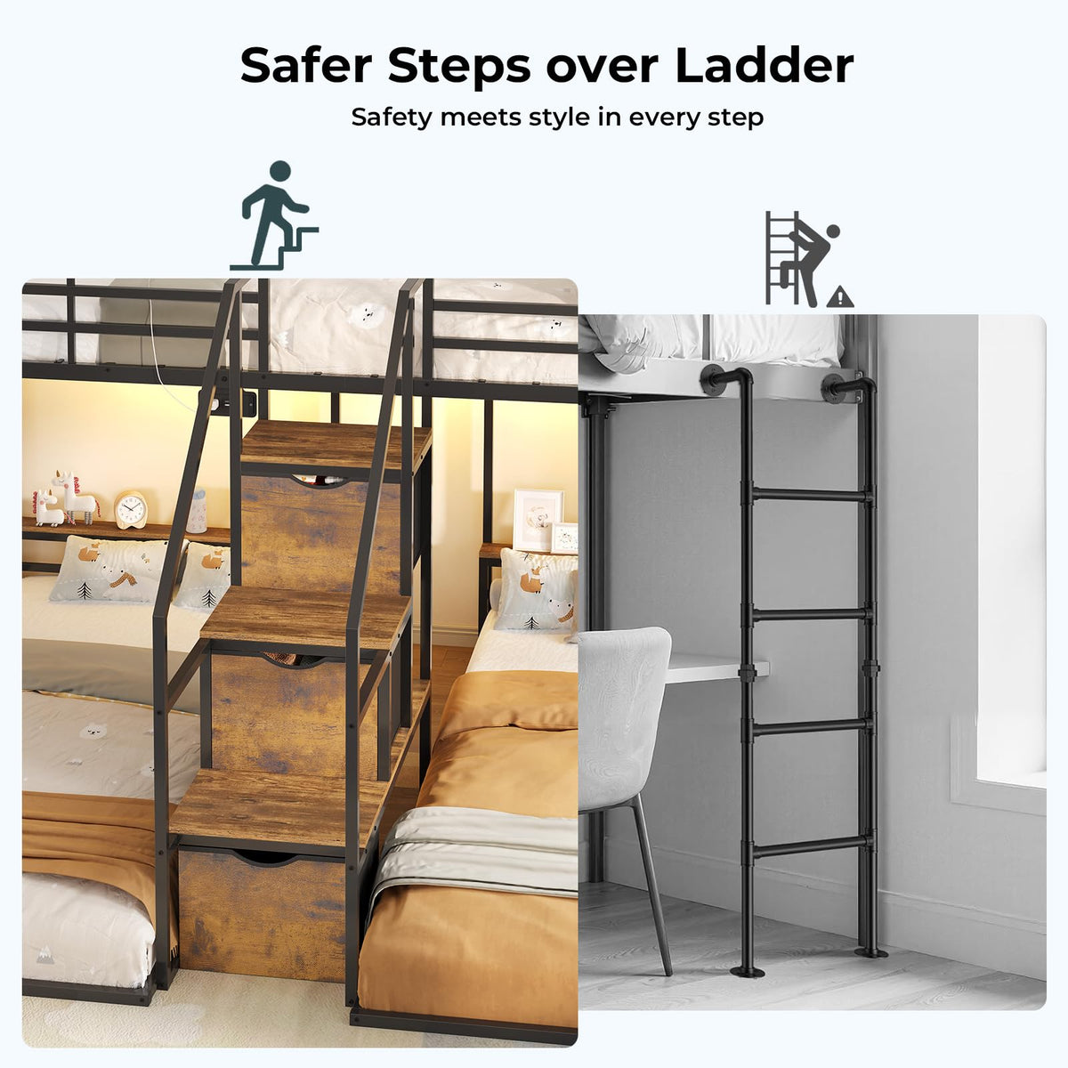 Black Triple Bunk Bed Twin Over Twin with Storage Staircase O399386