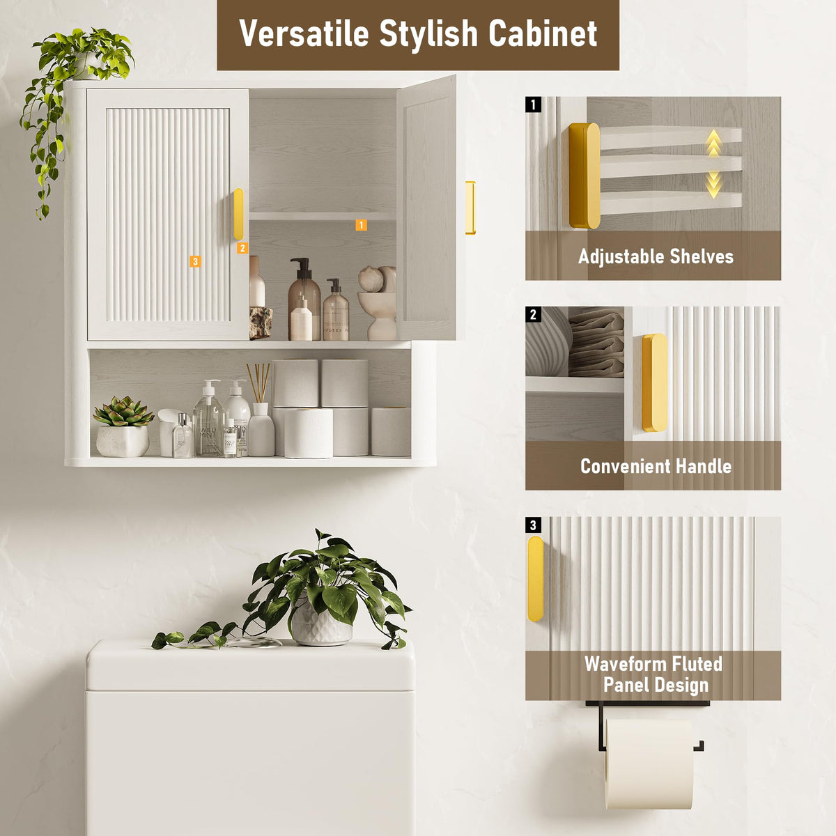 Wall-Mounted Bathroom Cabinet with Adjustable Wood Shelf & Doors E501