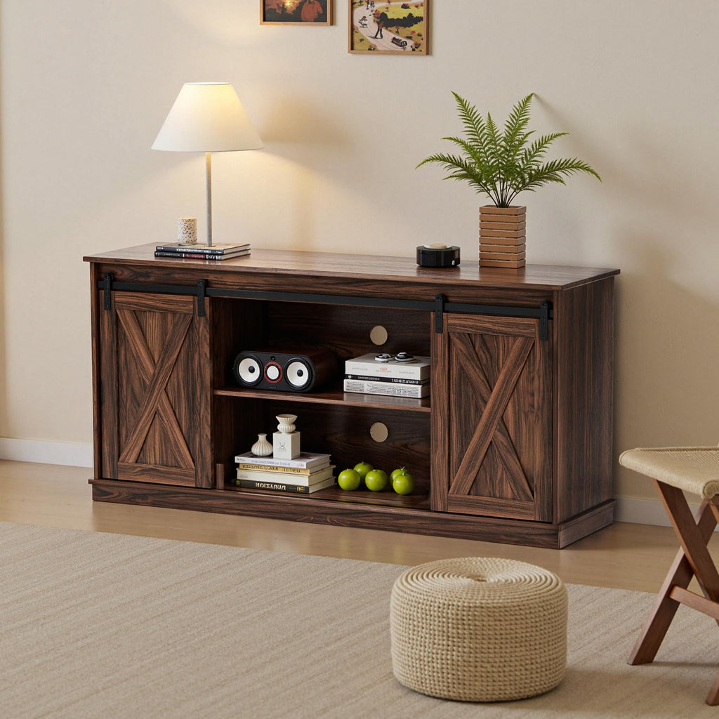 65 Inch Brown Wood TV Stand with Storage Shelves and Sliding Barn Door G303708