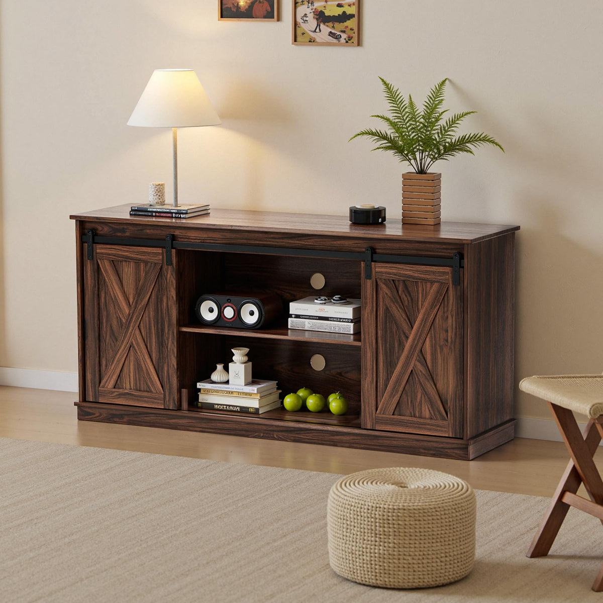 65 Inch Brown Wood TV Stand with Storage Shelves and Sliding Barn Door G303708