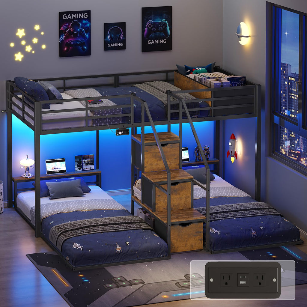 Black Triple Bunk Bed Twin Over Twin with Storage Staircase O399386