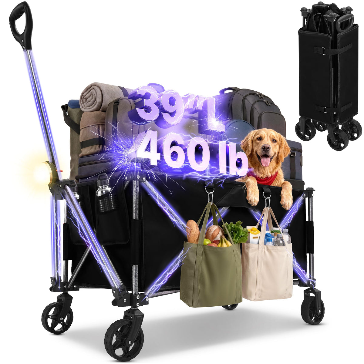 39" Collapsible Wagon with All-Terrain Wheels, 460 lbs Foldable Cart, Black R559