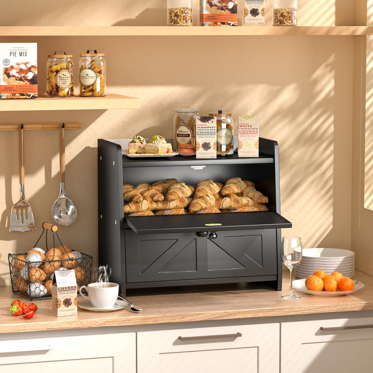 Black Double Layer Wooden Bread Box Z383