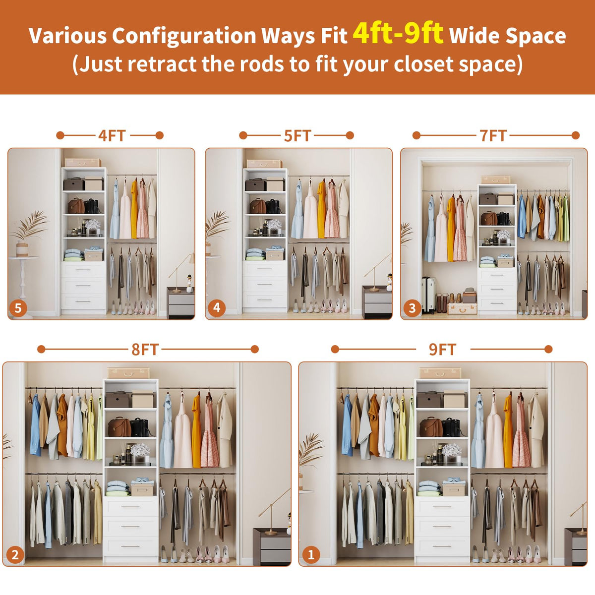 White Closet System with Drawers and Adjustable Shelves S133