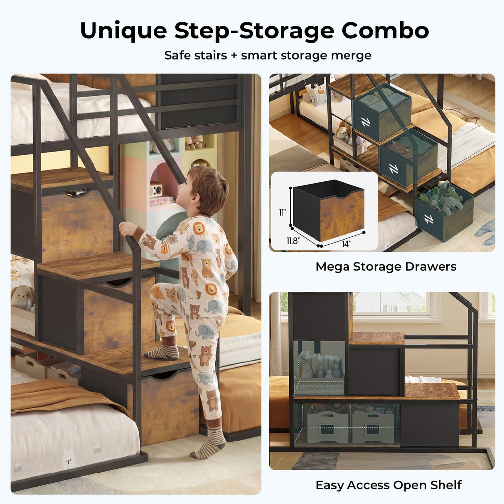 Black Triple Bunk Bed Twin Over Twin with Storage Staircase O399386