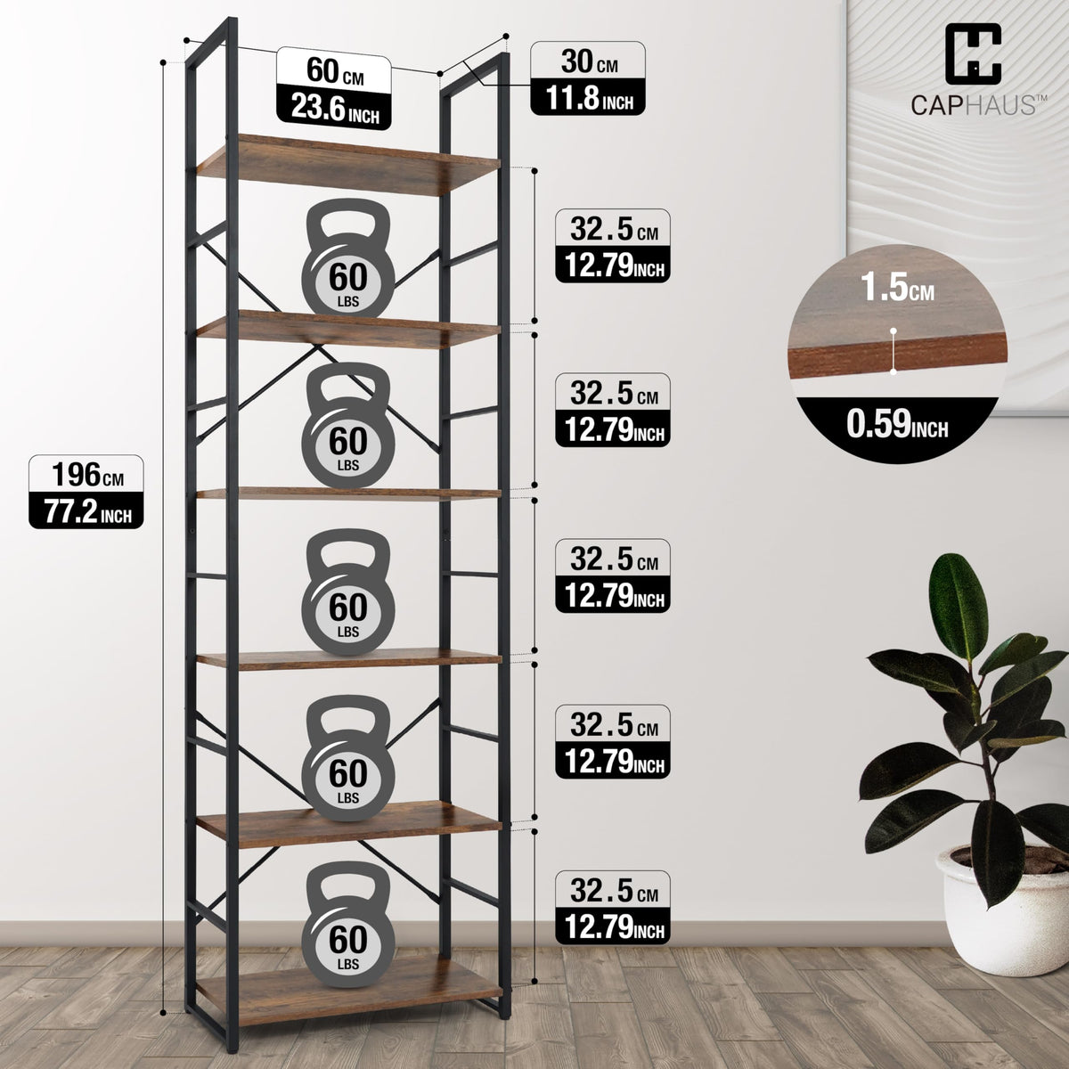 6 Tier 24 Inch Rustic Oak Bookshelf H527782