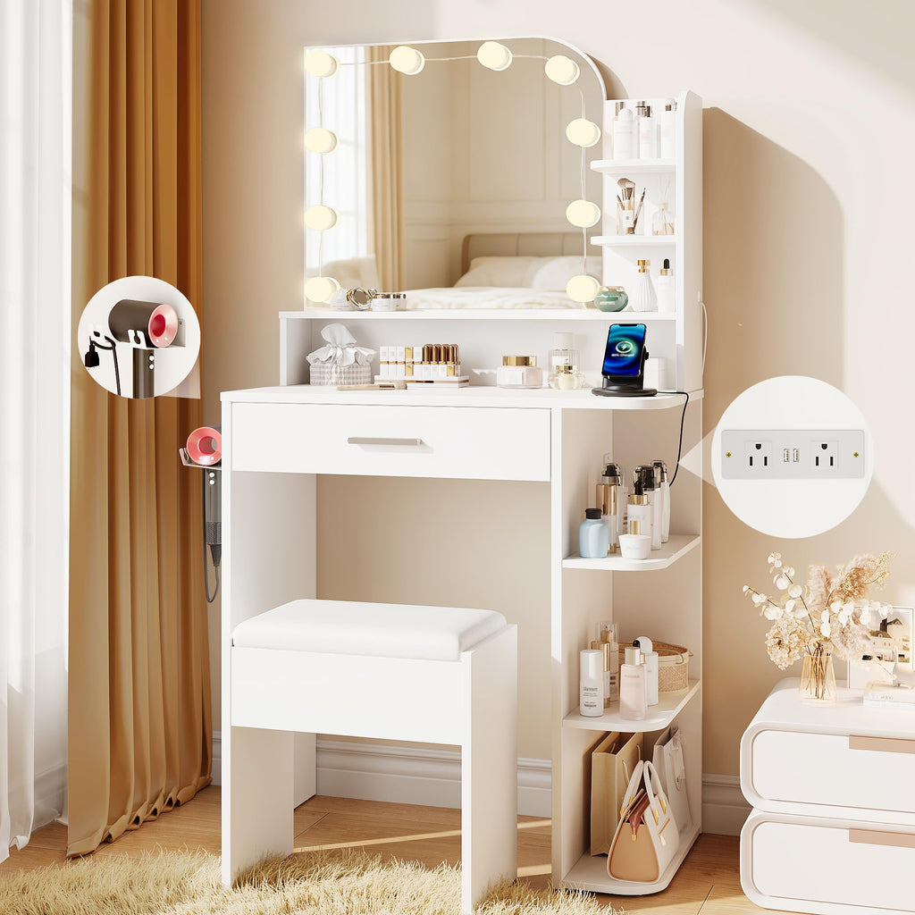 White Small Vanity Set with Chair, Mirror & Lights M76110