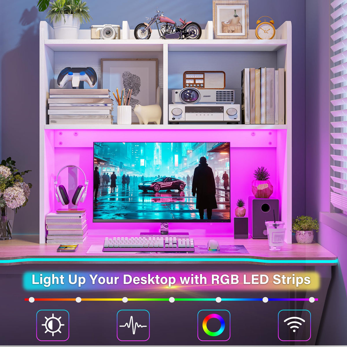 White 3-Tier Desk Hutch with LED Light L54018