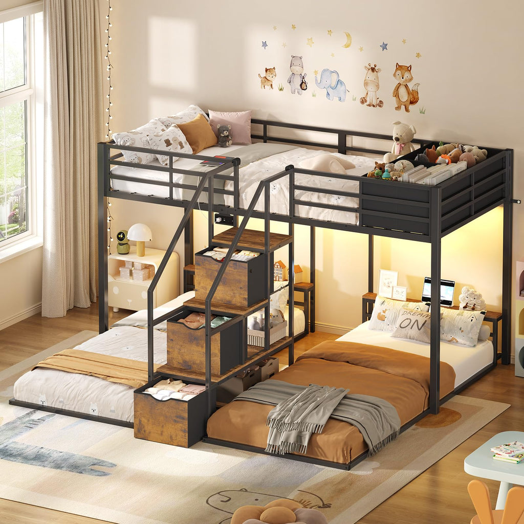 Black Triple Bunk Bed Twin Over Twin with Storage Staircase O399386