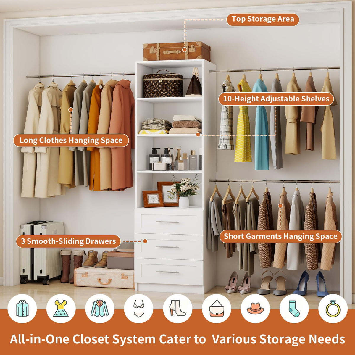 White Closet System with Drawers and Adjustable Shelves S133
