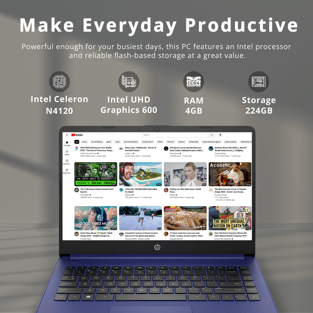 14" HD Laptop Intel Celeron N4120 4GB RAM 224GB Storage Blue L956