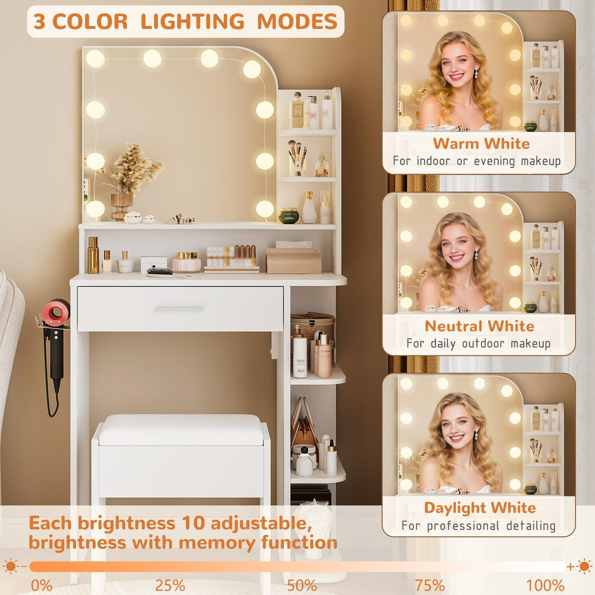 White Small Vanity Set with Chair, Mirror & Lights M76110