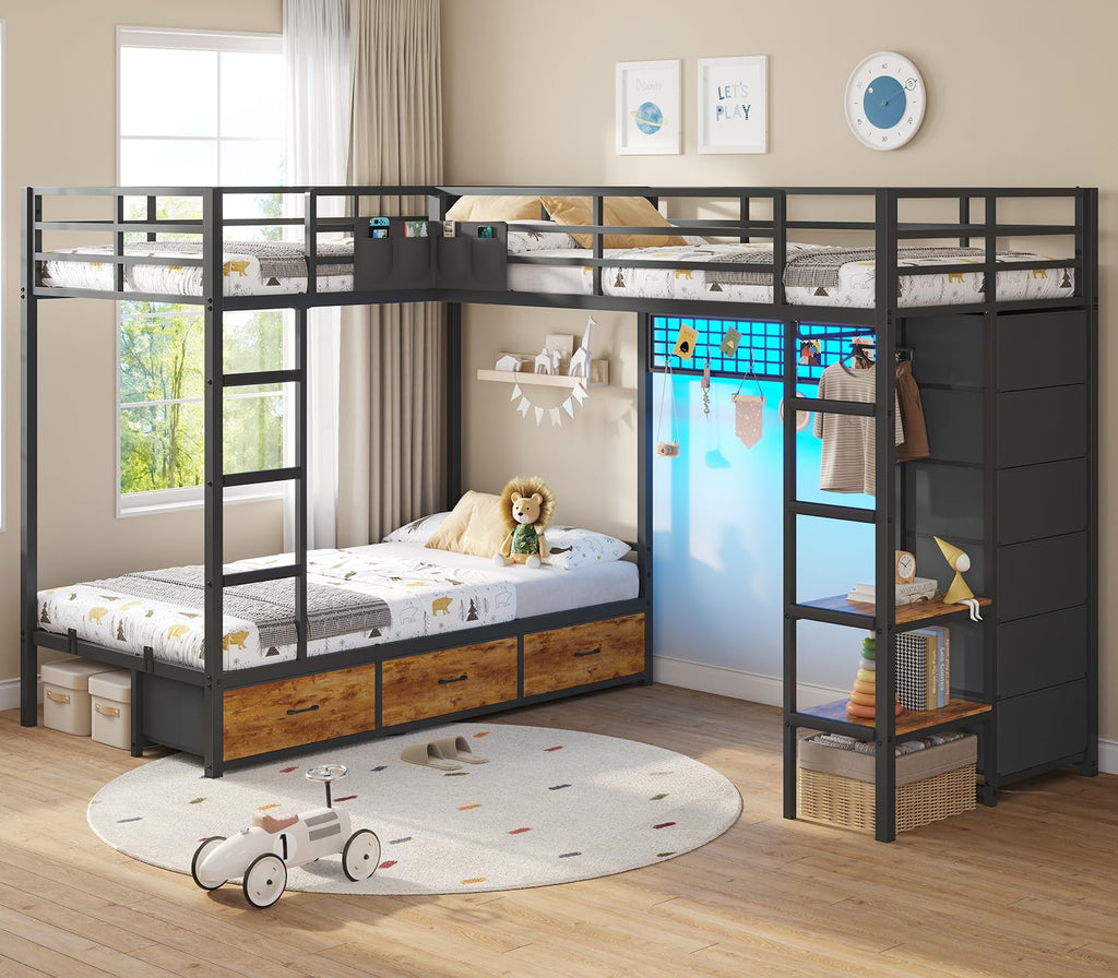 Black Twin Over Twin Triple Bunk Bed with 9 Storage Drawers and LED Lights C9382