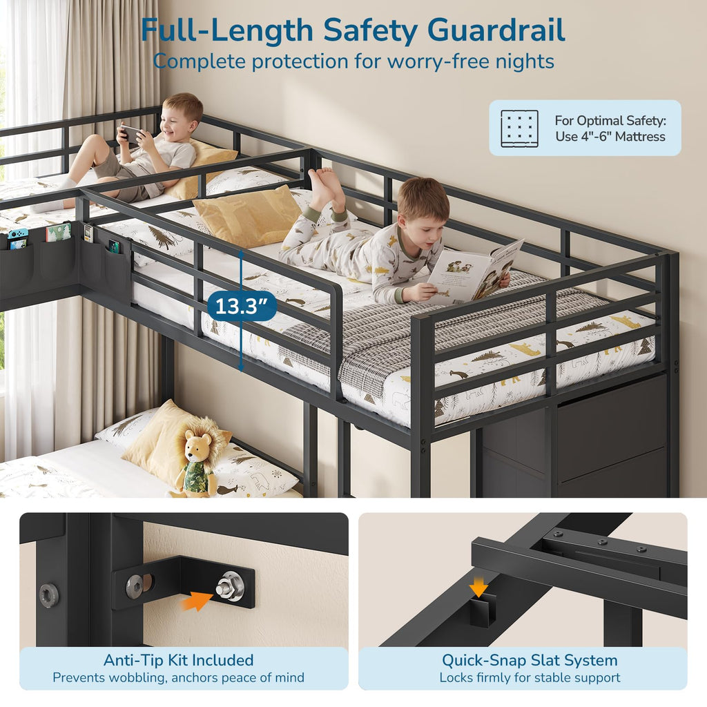 Black Twin Over Twin Triple Bunk Bed with 9 Storage Drawers and LED Lights C9382