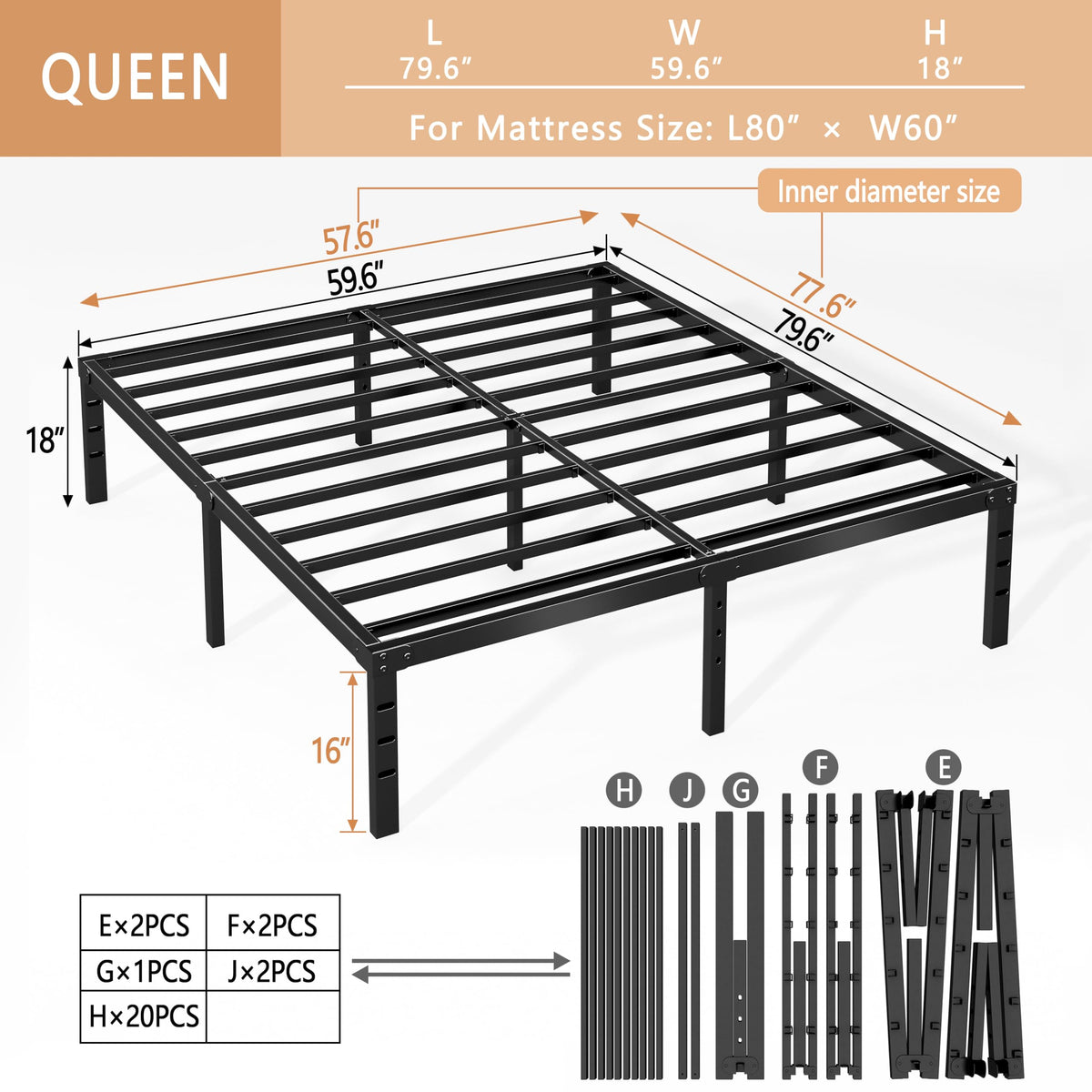 Queen Size 18 Inch Metal Bed Frame A881