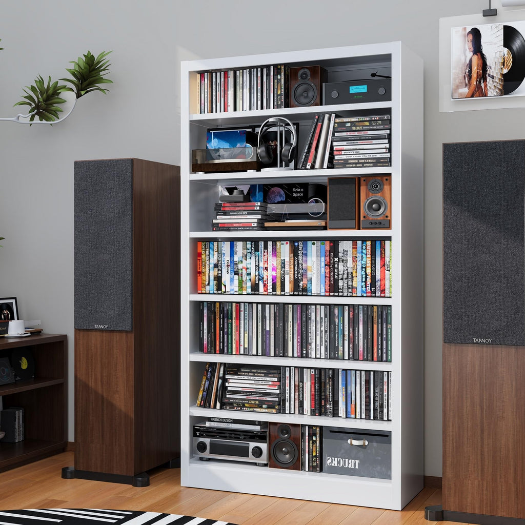 White 7-Tier Metal DVD Storage Cabinet with Adjustable Shelves P389