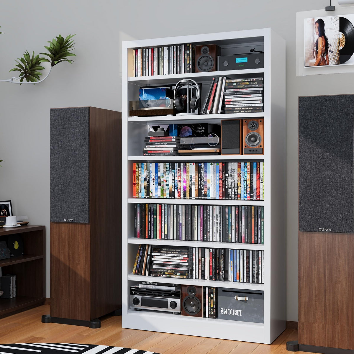White 7-Tier Metal DVD Storage Cabinet with Adjustable Shelves P389