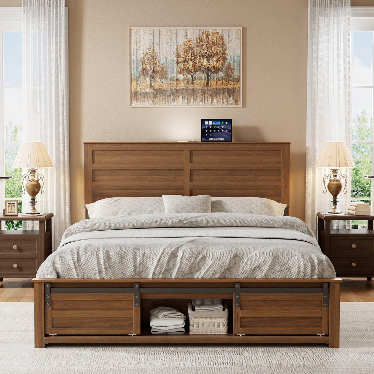 Queen Size Wooden Bed Frame with Headboard and Storage Footboard B543508