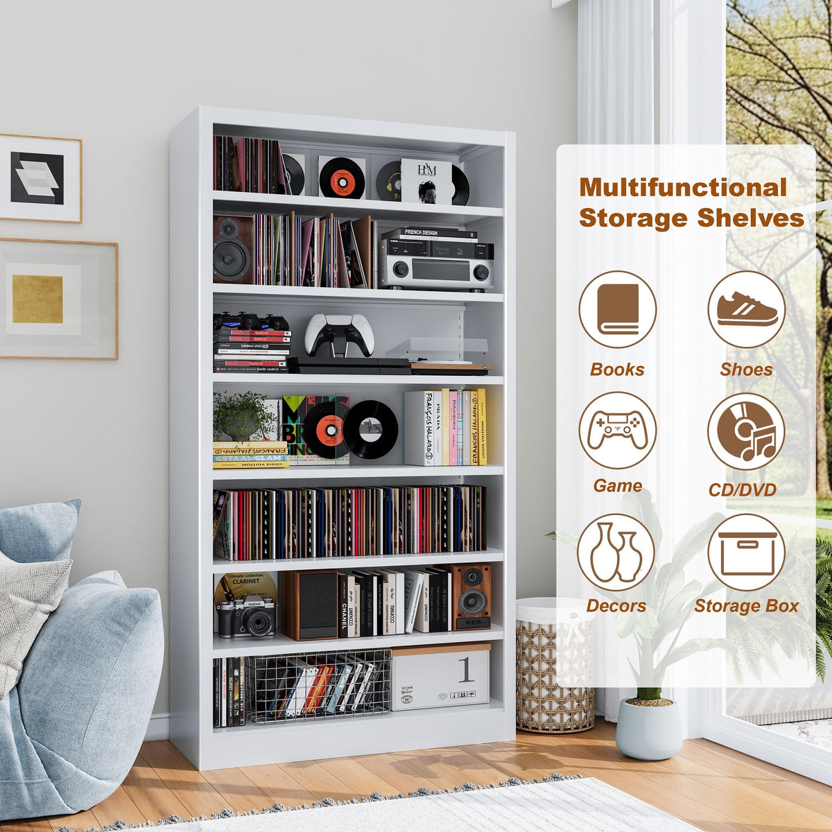 White 7-Tier Metal DVD Storage Cabinet with Adjustable Shelves P389