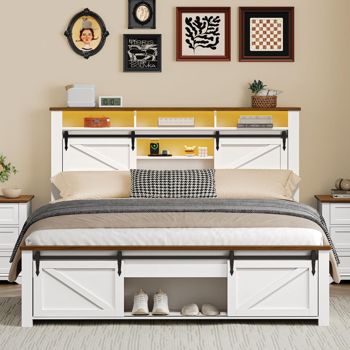 White and Walnut Full Size Storage Bed Frame N185