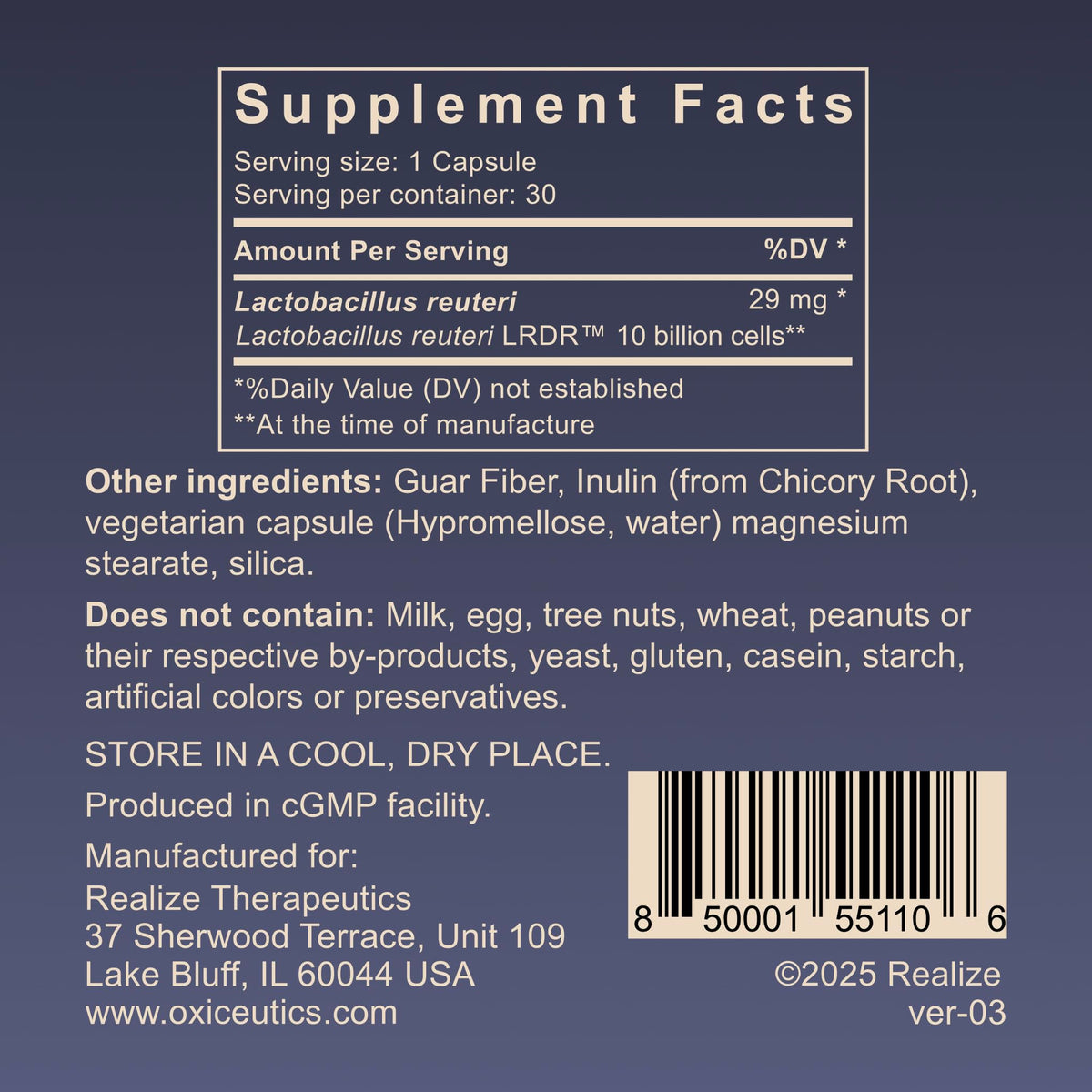 10 Billion CFU L. reuteri Probiotic with FOS Prebiotic 30 Veg Capsules W370