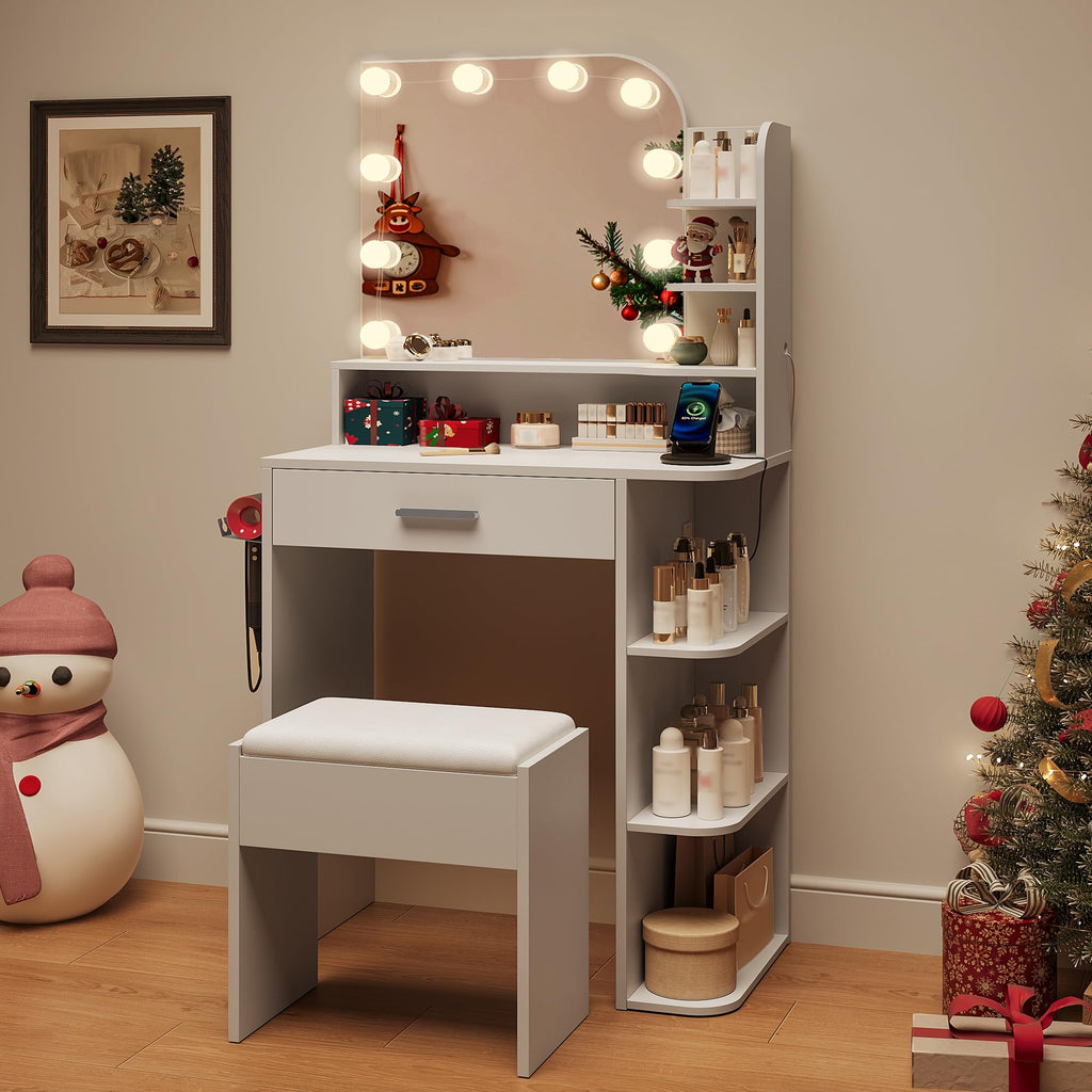 White Small Vanity Set with Chair, Mirror & Lights M76110