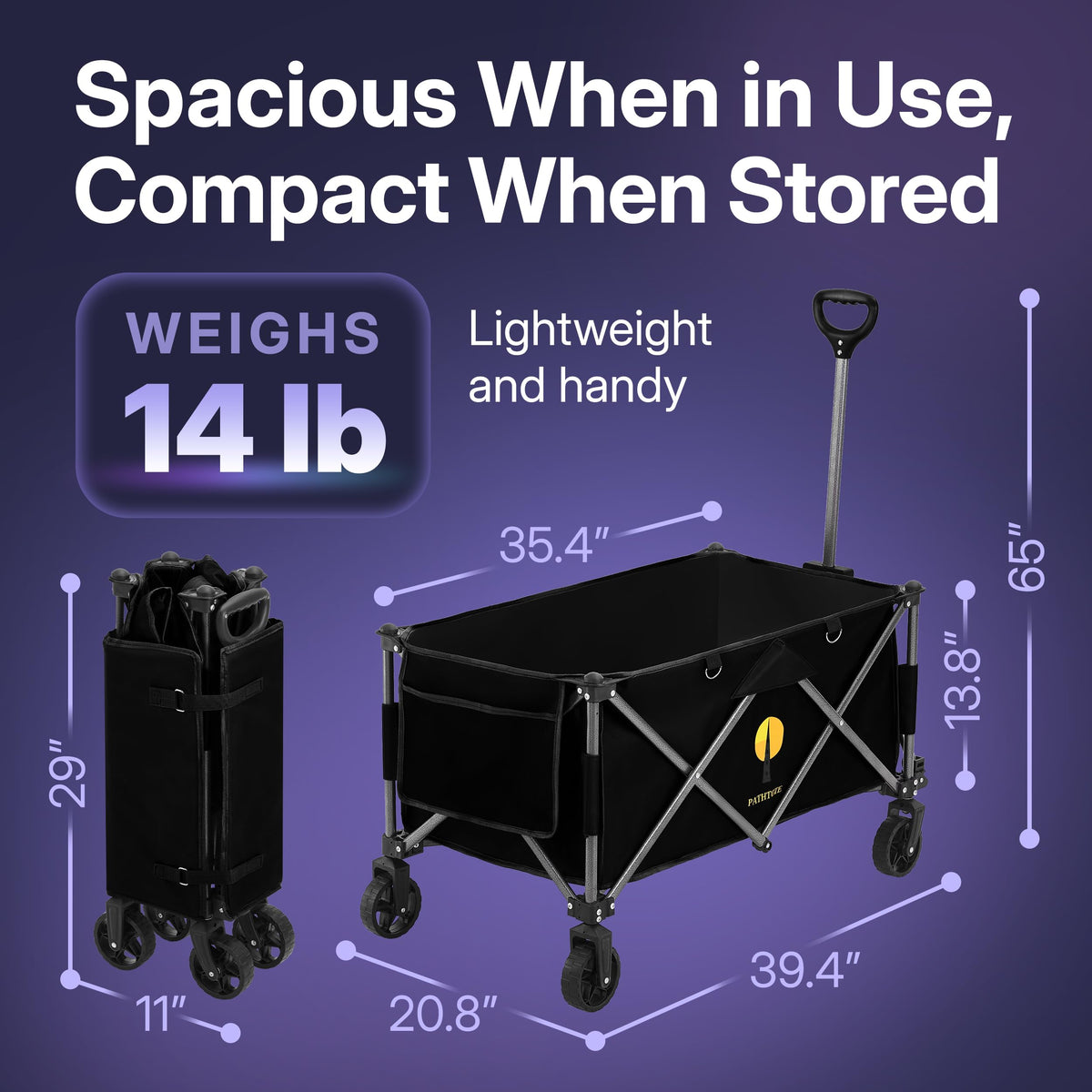 39" Collapsible Wagon with All-Terrain Wheels, 460 lbs Foldable Cart, Black R559