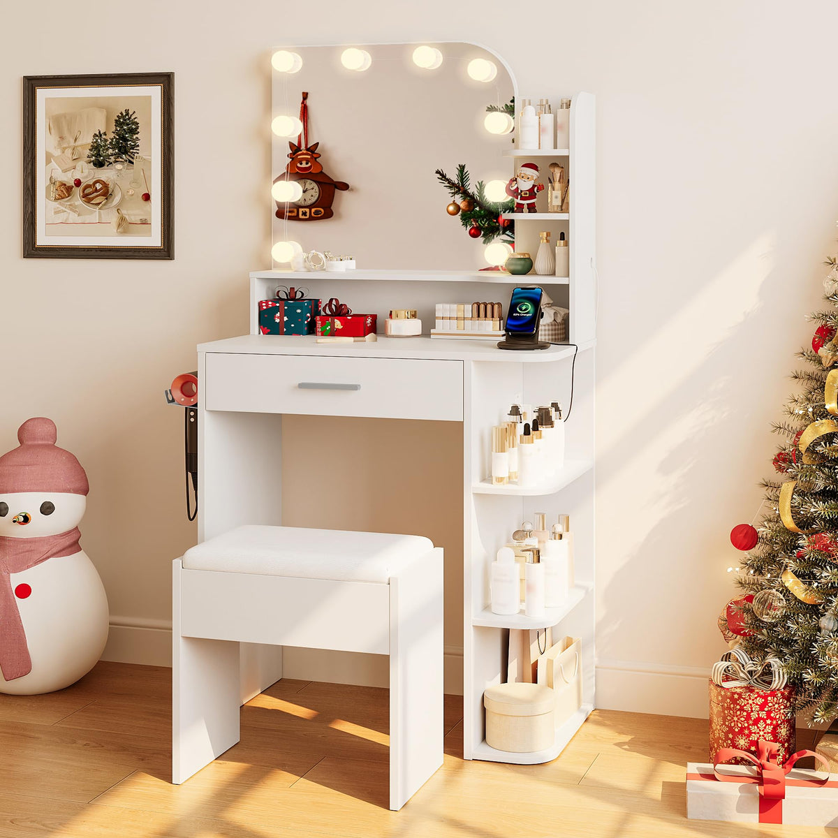 White Small Vanity Set with Chair, Mirror & Lights M76110