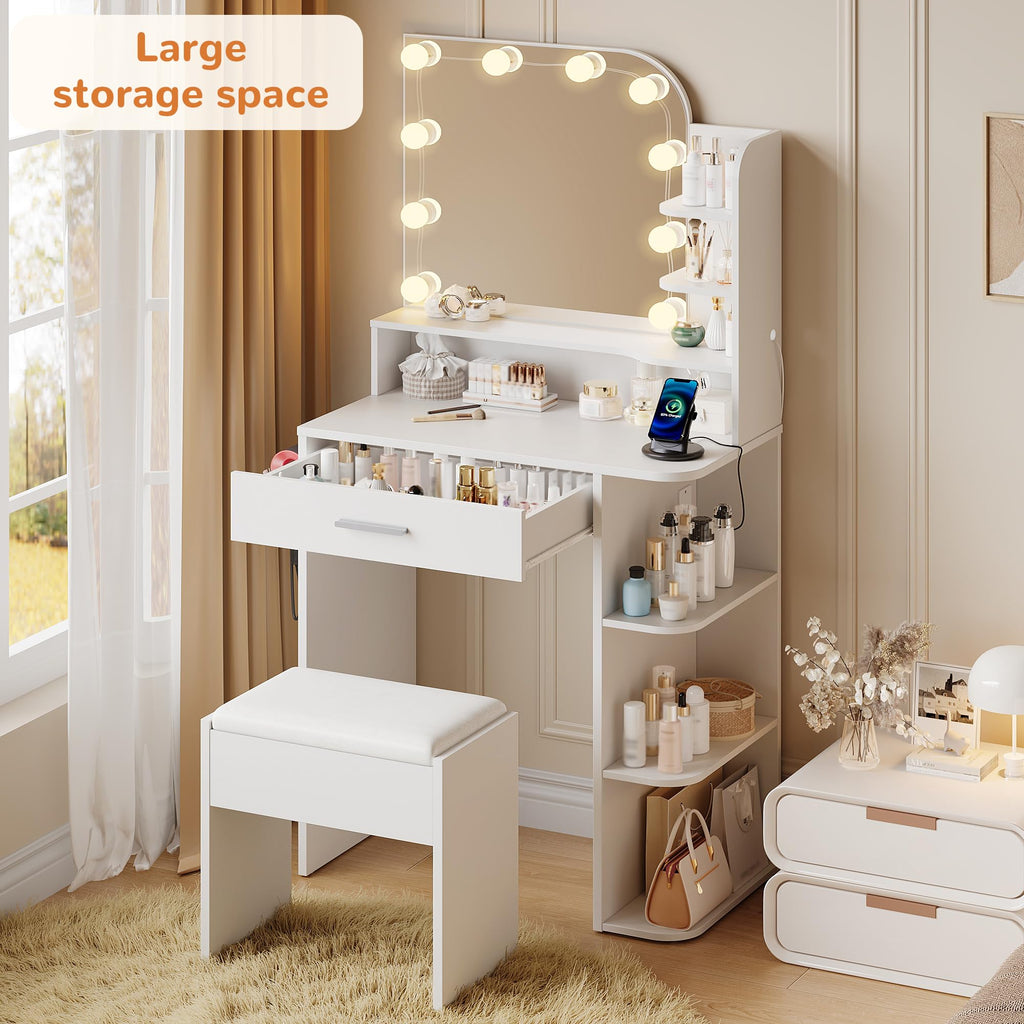 White Small Vanity Set with Chair, Mirror & Lights M76110