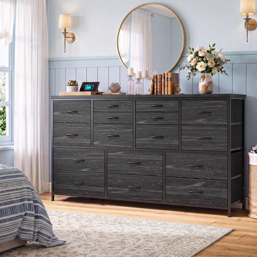 Black 16 Fabric Drawer Dresser with TV Stand M254