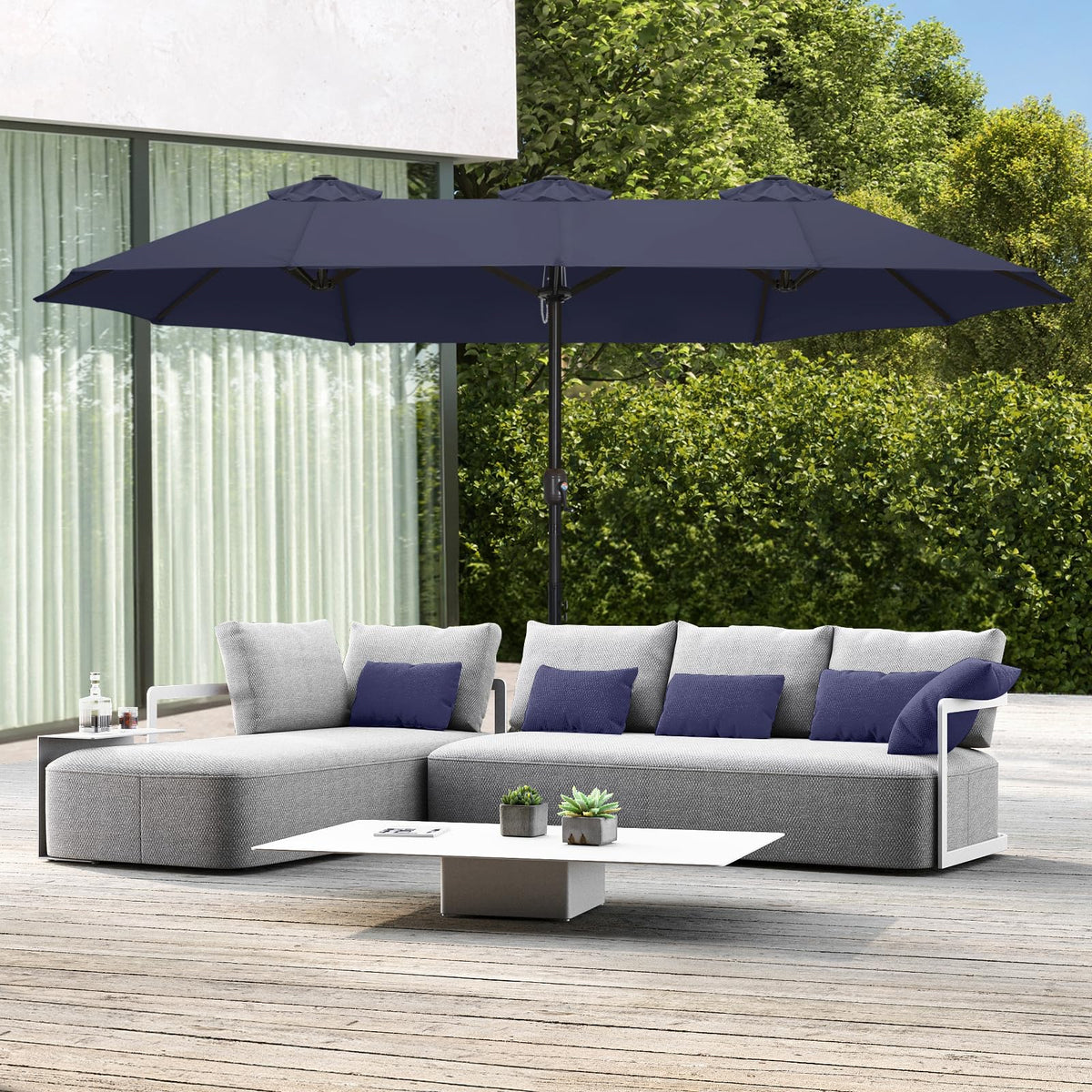 15FT Double-Sided Rectangle Patio Umbrella with Base Navy Blue O8459