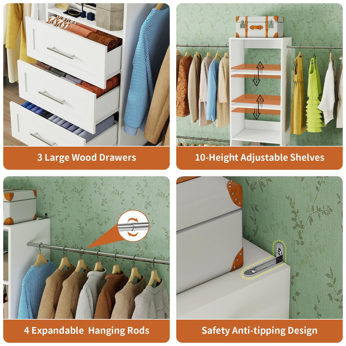 White Closet System with Drawers and Adjustable Shelves S133