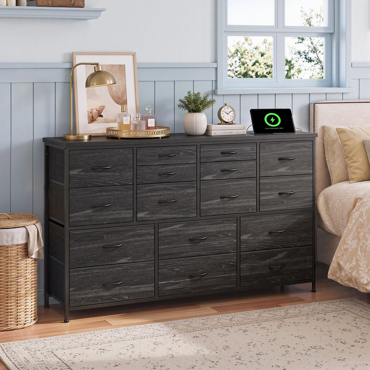 Black 16 Fabric Drawer Dresser with TV Stand M254