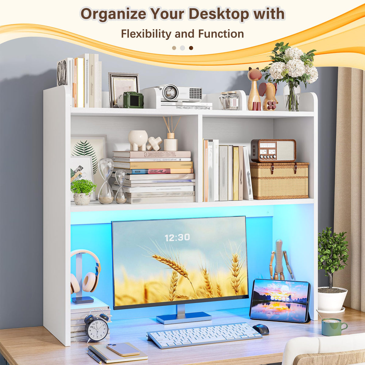 White 3-Tier Desk Hutch with LED Light L54018
